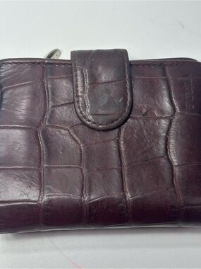 Furla Vintage Brown Croc Embossed Leather Small Bifold Wallet Snap Zip
